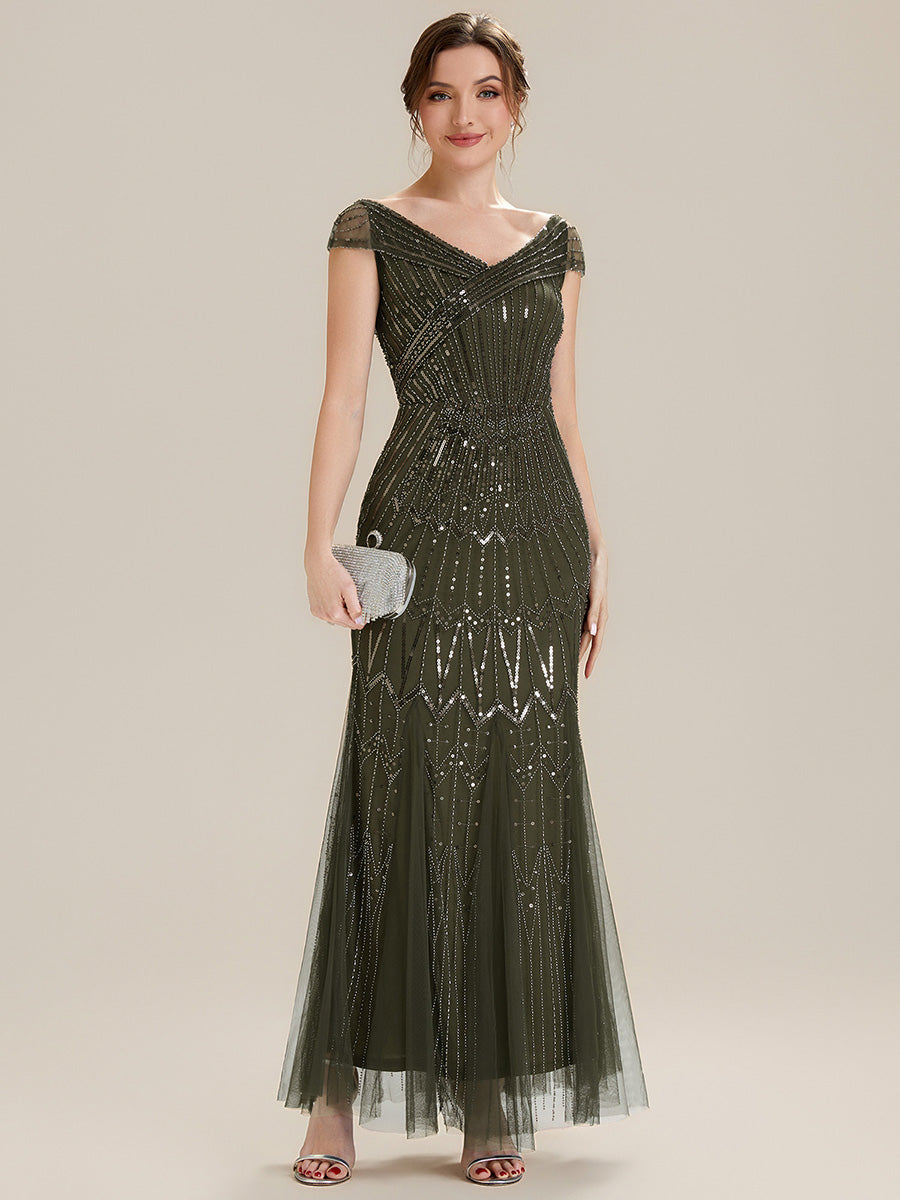 ever CABARET|Sequin Drop Shoulder Sleeve Beaded Formal Dress