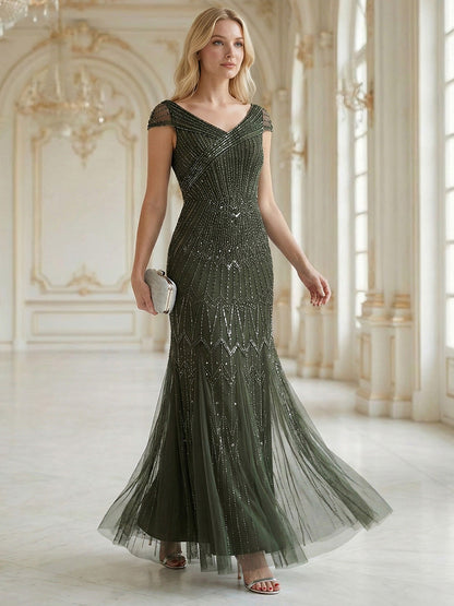ever CABARET|Sequin Drop Shoulder Sleeve Beaded Formal Dress