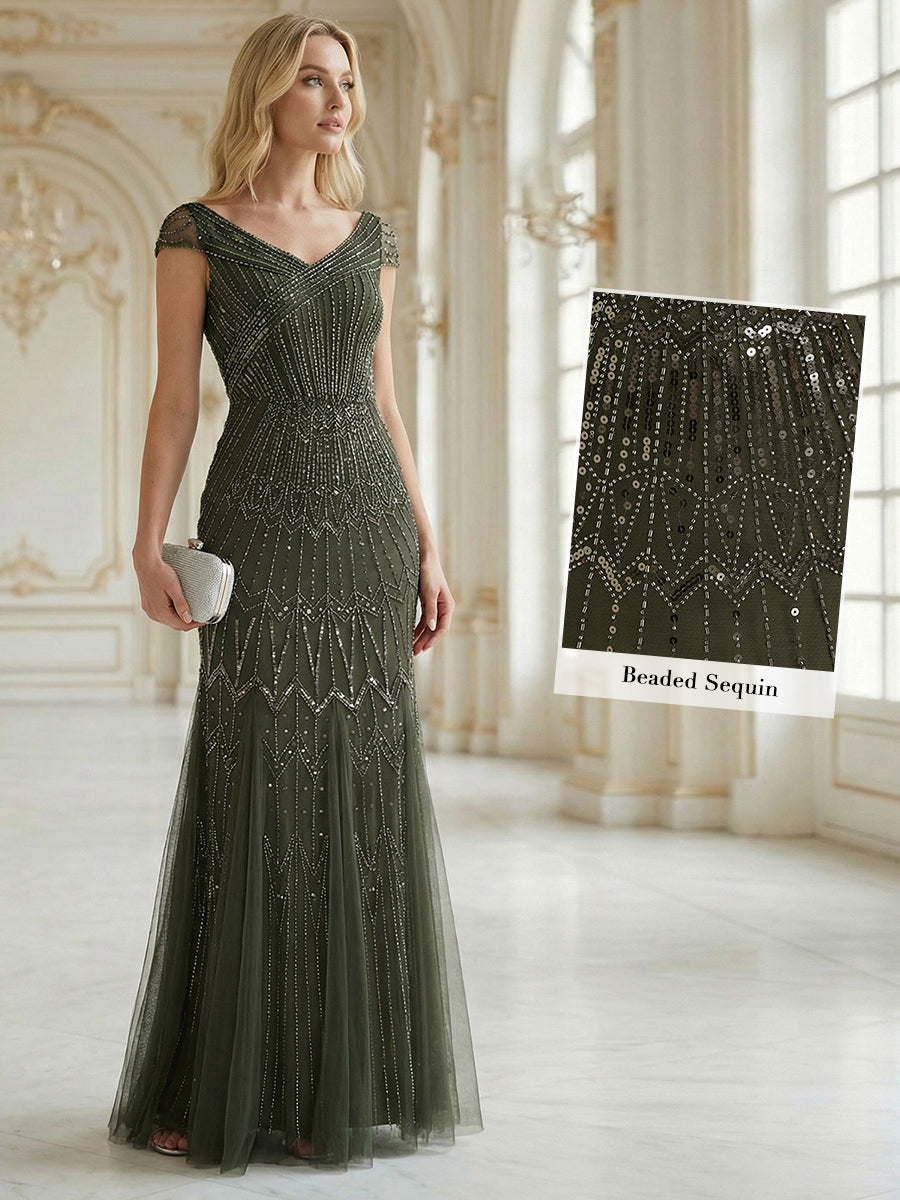 ever CABARET|Sequin Drop Shoulder Sleeve Beaded Formal Dress