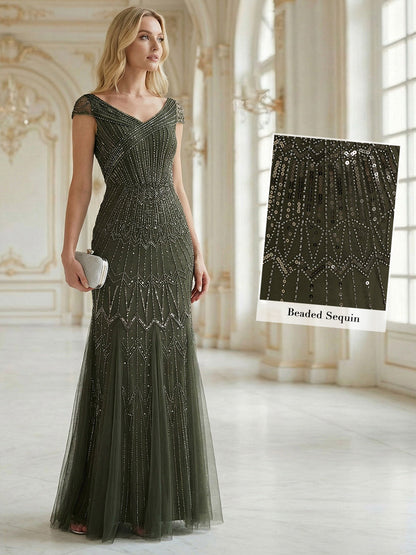 ever CABARET|Sequin Drop Shoulder Sleeve Beaded Formal Dress
