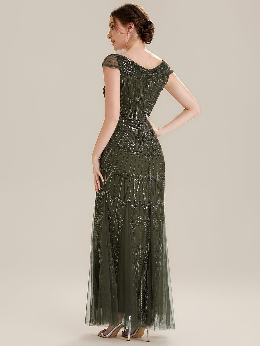 ever CABARET|Sequin Drop Shoulder Sleeve Beaded Formal Dress