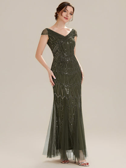 ever CABARET|Sequin Drop Shoulder Sleeve Beaded Formal Dress