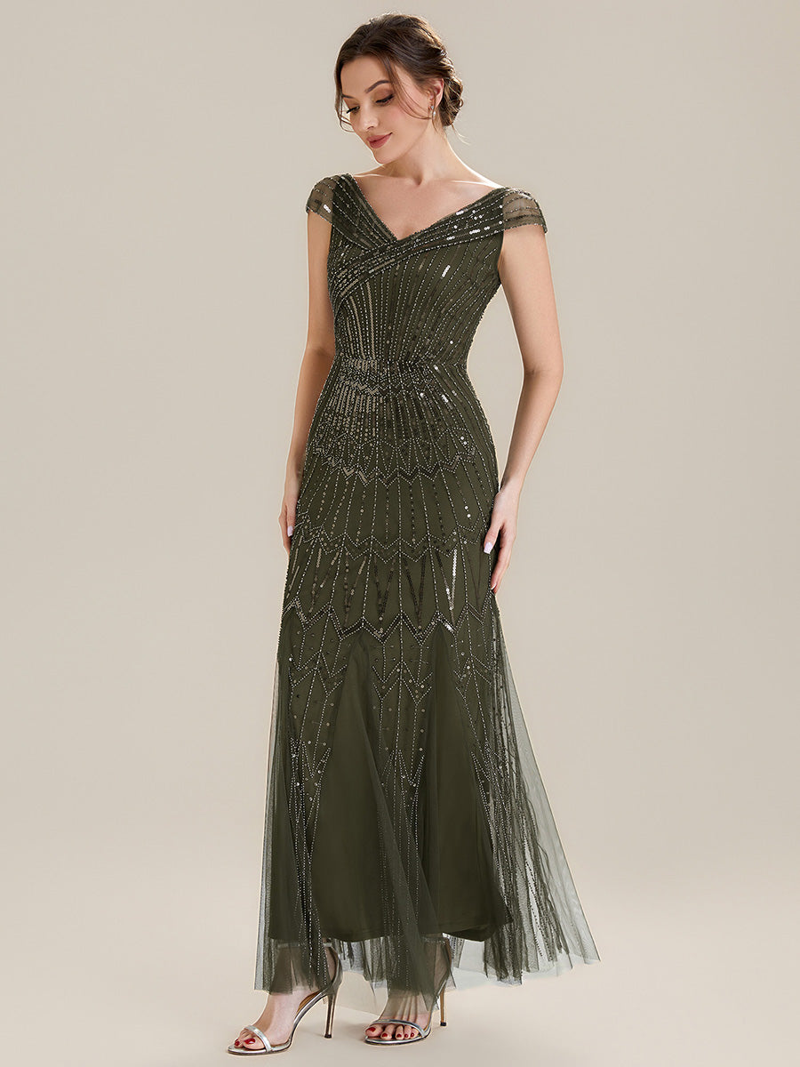 ever CABARET|Sequin Drop Shoulder Sleeve Beaded Formal Dress