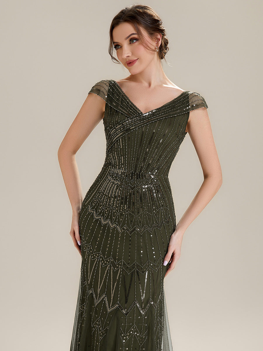 ever CABARET|Sequin Drop Shoulder Sleeve Beaded Formal Dress
