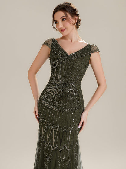 ever CABARET|Sequin Drop Shoulder Sleeve Beaded Formal Dress