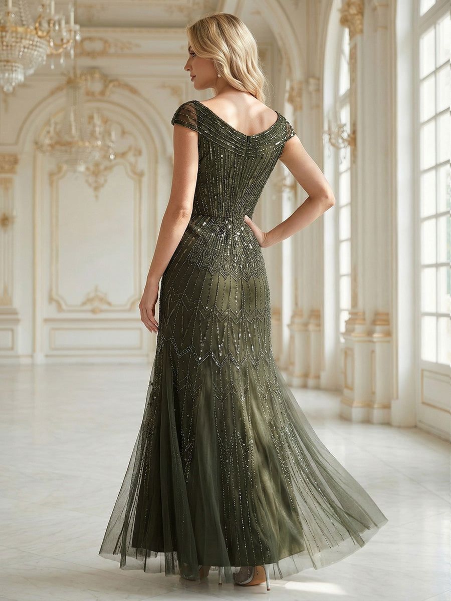 ever CABARET|Sequin Drop Shoulder Sleeve Beaded Formal Dress