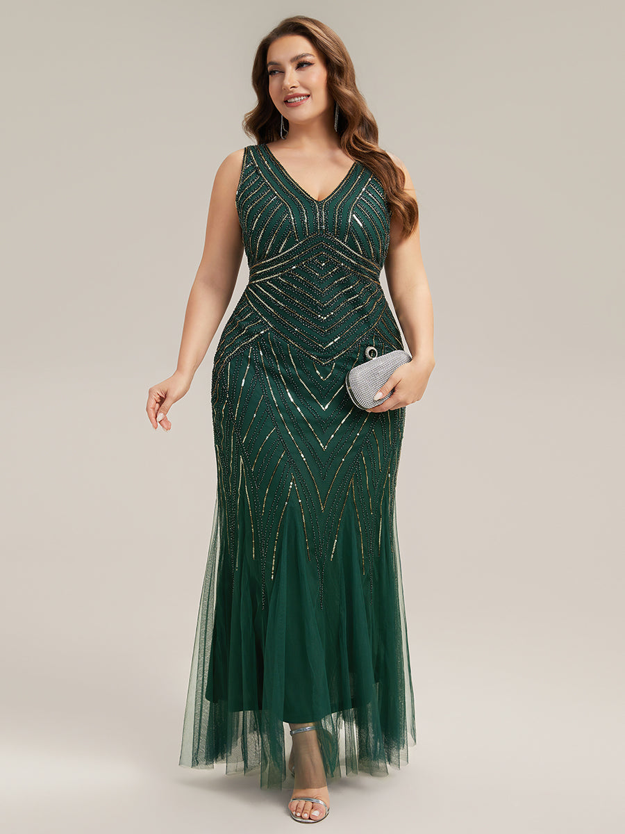 ever GLAMOUR|Deep V-Neck Sequin Sleeveless Evening Dress