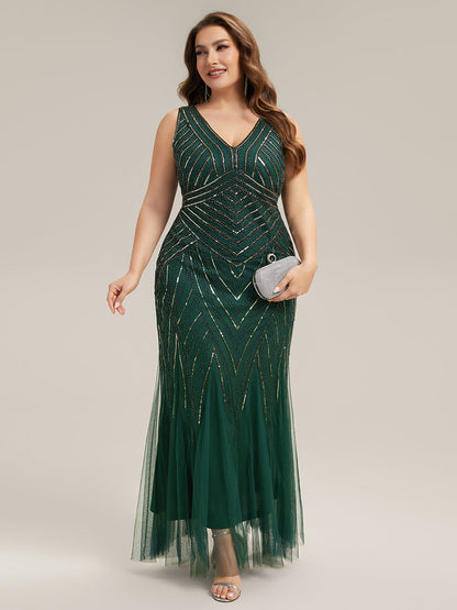 ever GLAMOUR|Deep V-Neck Sequin Sleeveless Evening Dress