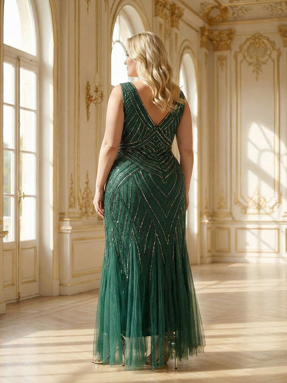 pretty GLAMOUR|Plus Size Deep V-Neck Bead Embroidery Evening Dress