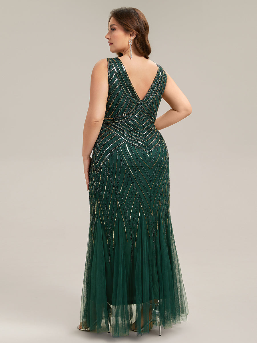 ever GLAMOUR|Deep V-Neck Sequin Sleeveless Evening Dress