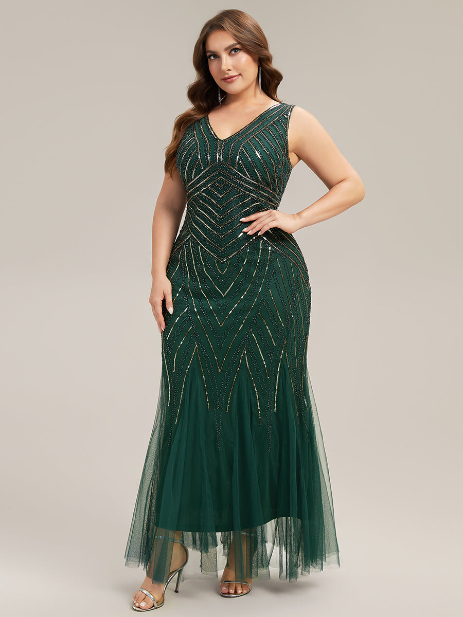 ever GLAMOUR|Deep V-Neck Sequin Sleeveless Evening Dress
