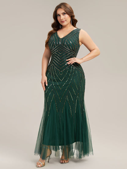 pretty GLAMOUR|Plus Size Deep V-Neck Bead Embroidery Evening Dress