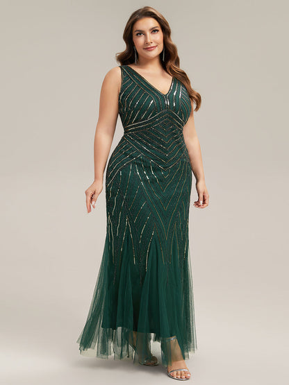 ever GLAMOUR|Deep V-Neck Sequin Sleeveless Evening Dress