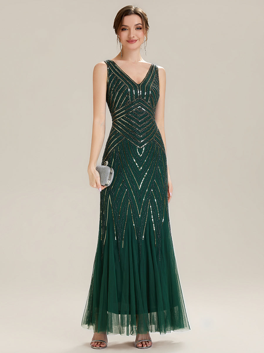 ever GLAMOUR|Deep V-Neck Sequin Sleeveless Evening Dress