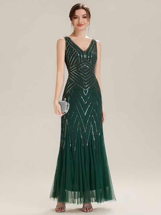 ever GLAMOUR|Deep V-Neck Sequin Sleeveless Evening Dress