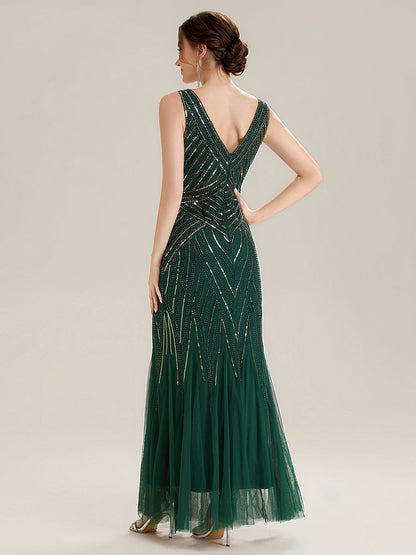 ever GLAMOUR|Deep V-Neck Sequin Sleeveless Evening Dress