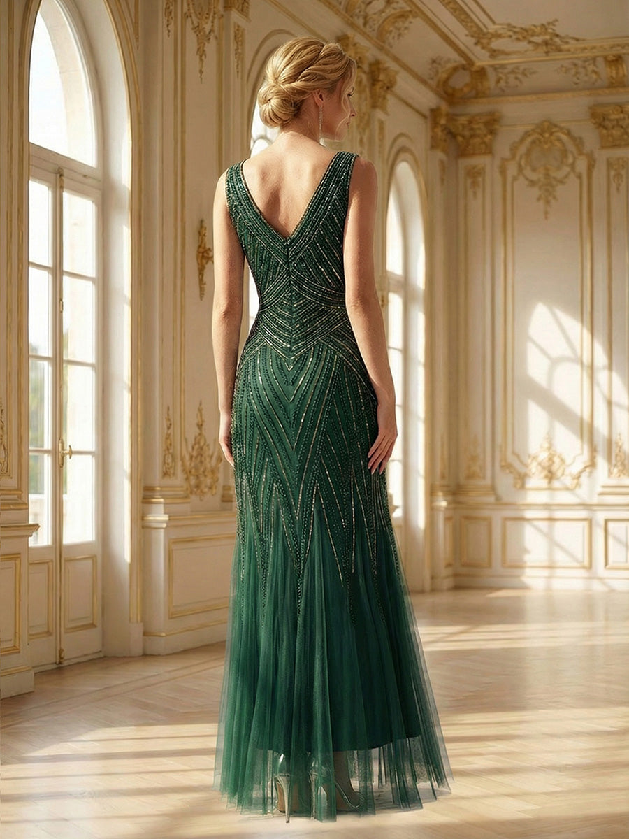 ever GLAMOUR|Deep V-Neck Sequin Sleeveless Evening Dress