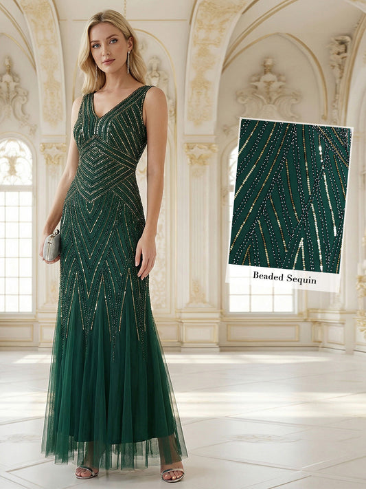ever GLAMOUR|Deep V-Neck Sequin Sleeveless Evening Dress
