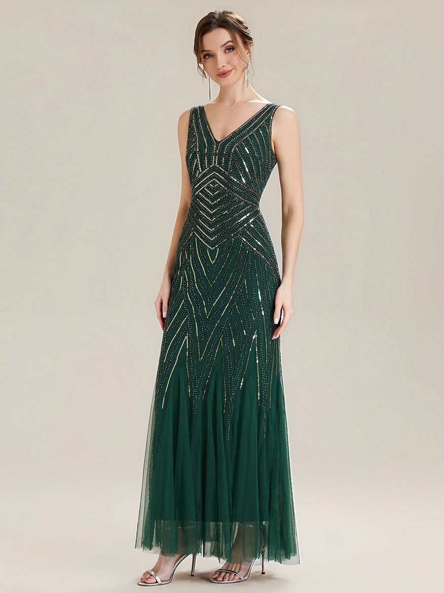 ever GLAMOUR|Deep V-Neck Sequin Sleeveless Evening Dress