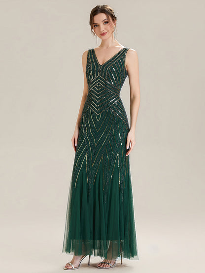 ever GLAMOUR|Deep V-Neck Sequin Sleeveless Evening Dress