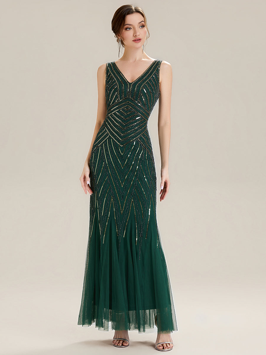 ever GLAMOUR|Deep V-Neck Sequin Sleeveless Evening Dress