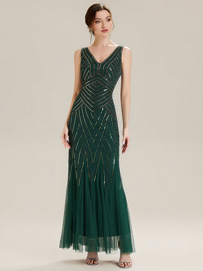 ever GLAMOUR|Deep V-Neck Sequin Sleeveless Evening Dress