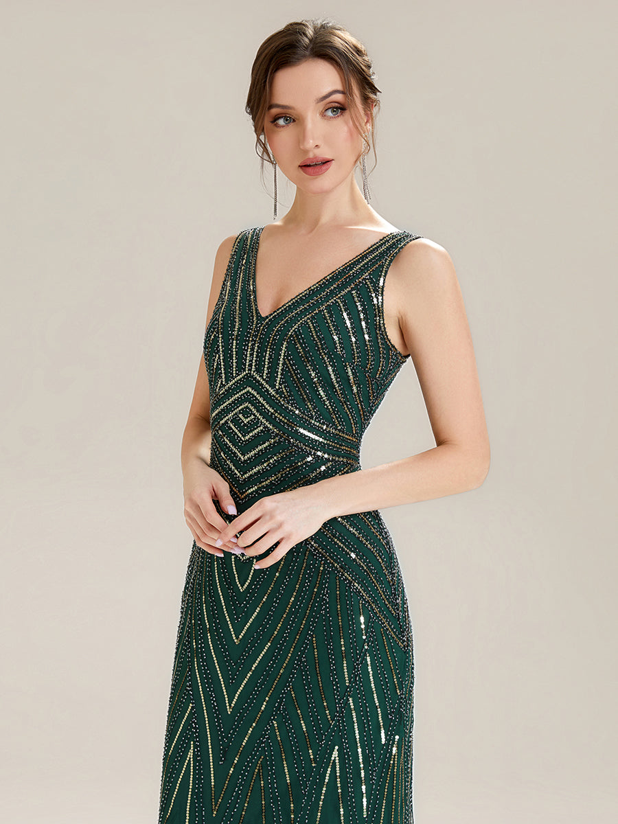ever GLAMOUR|Deep V-Neck Sequin Sleeveless Evening Dress
