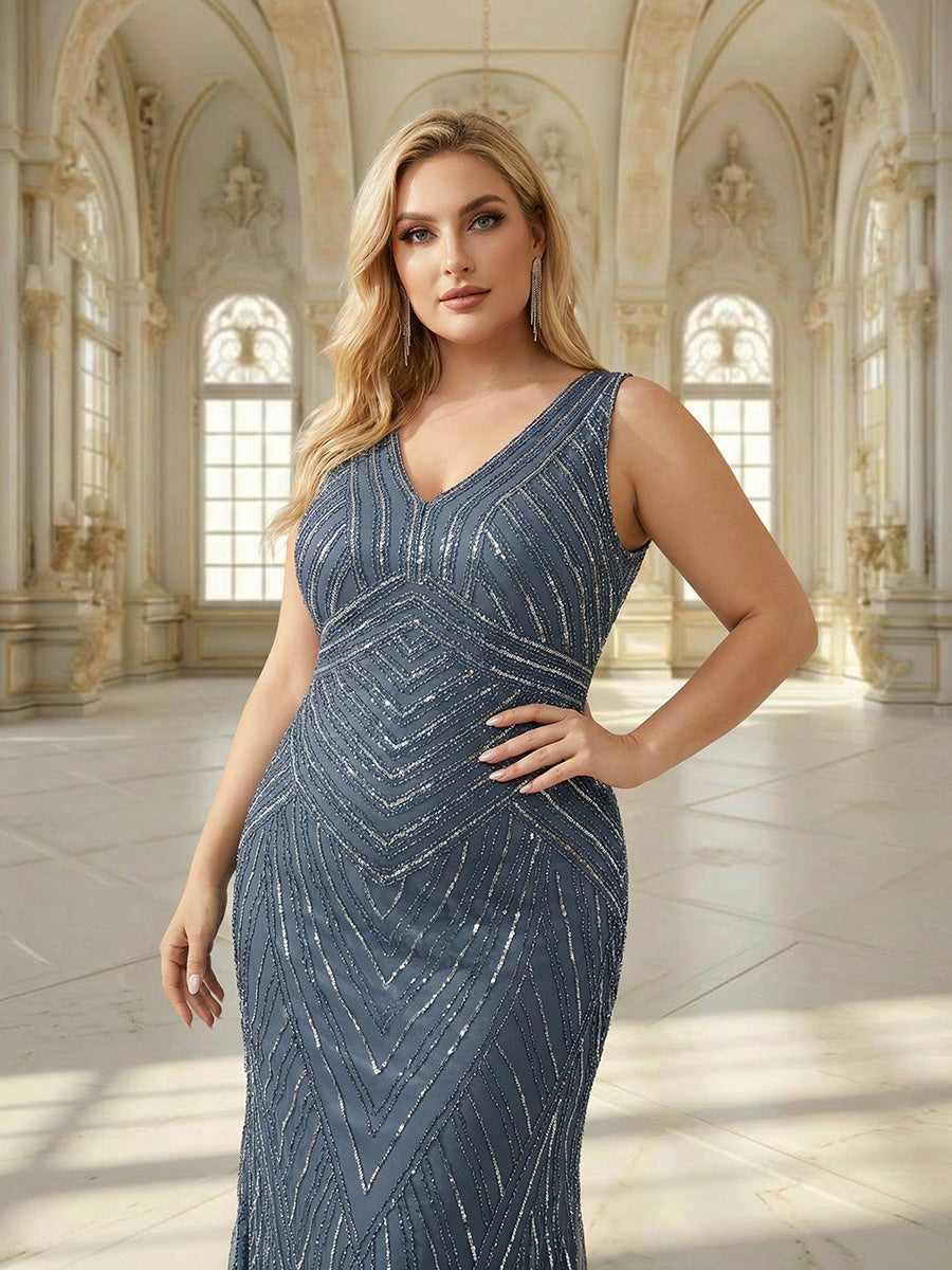 pretty GLAMOUR|Plus Size Deep V-Neck Bead Embroidery Evening Dress