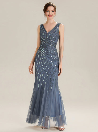ever GLAMOUR|Deep V-Neck Sequin Sleeveless Evening Dress