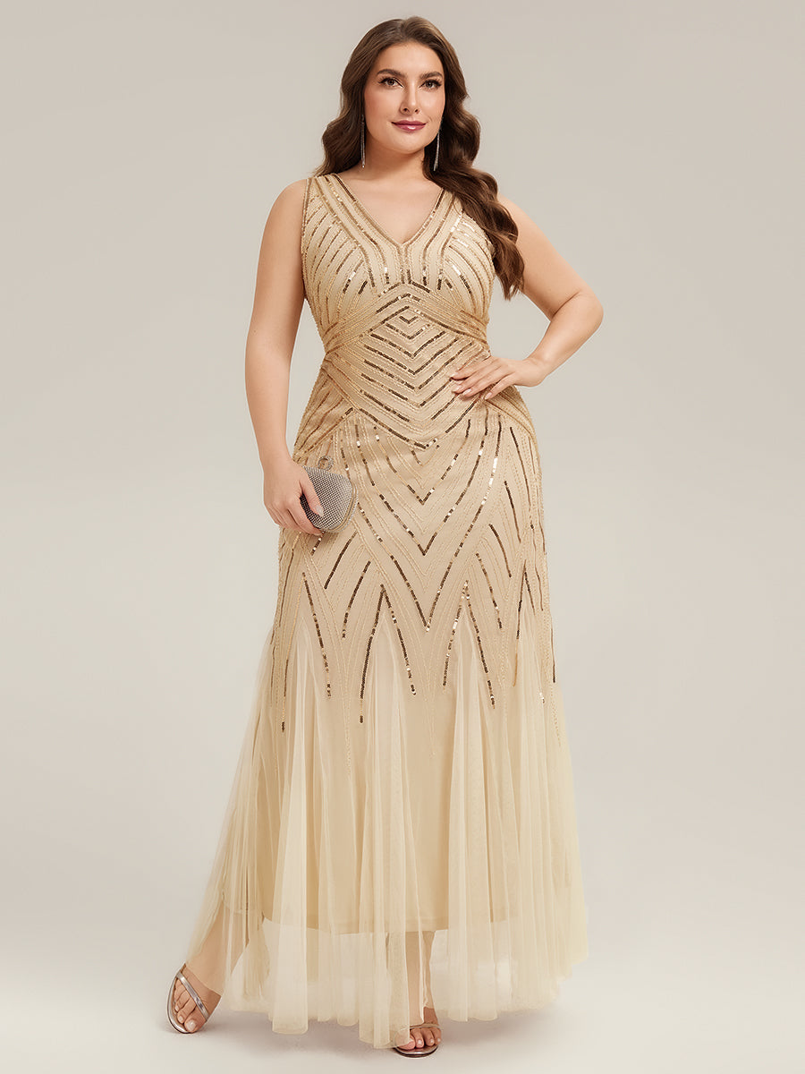 ever GLAMOUR|Deep V-Neck Sequin Sleeveless Evening Dress