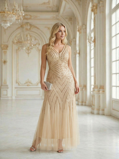 pretty GLAMOUR|Plus Size Deep V-Neck Bead Embroidery Evening Dress