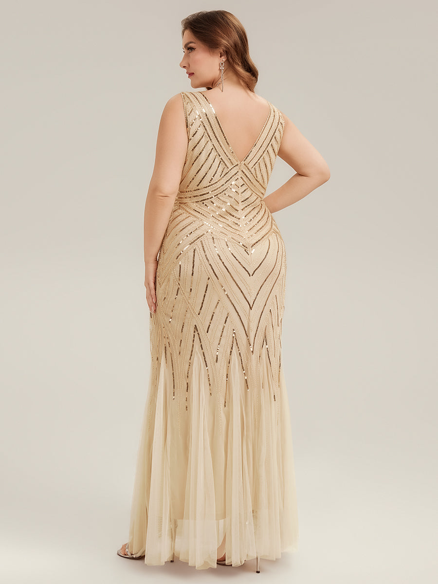 pretty GLAMOUR|Plus Size Deep V-Neck Bead Embroidery Evening Dress