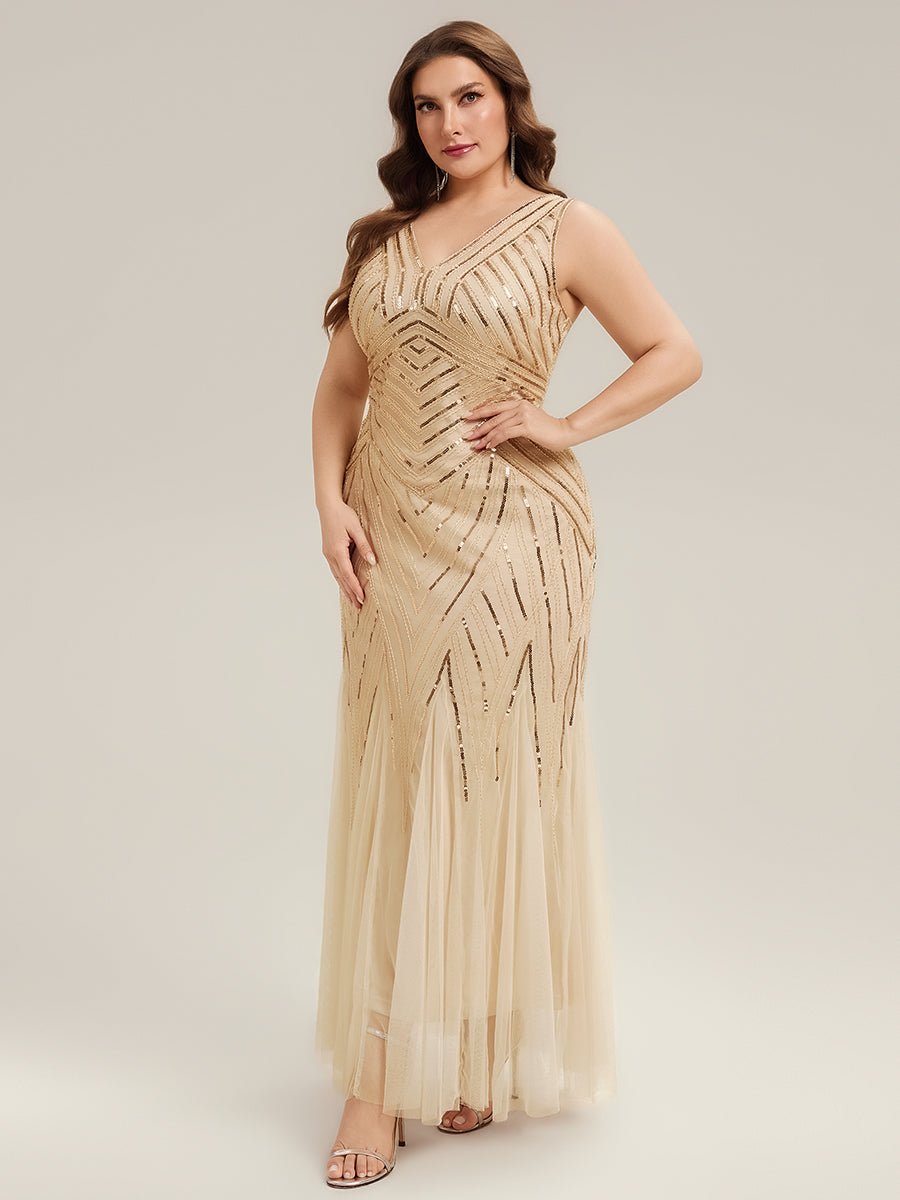 ever GLAMOUR|Deep V-Neck Sequin Sleeveless Evening Dress