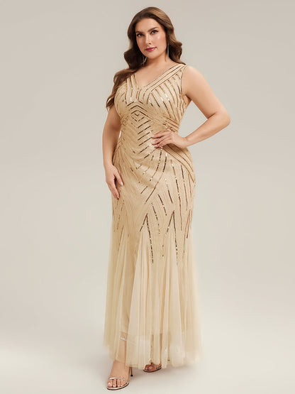 ever GLAMOUR|Deep V-Neck Sequin Sleeveless Evening Dress