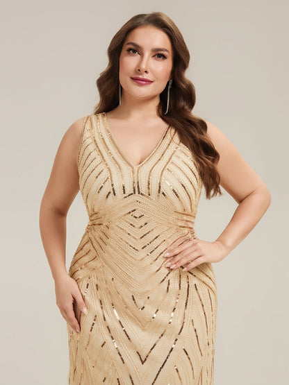 ever GLAMOUR|Deep V-Neck Sequin Sleeveless Evening Dress