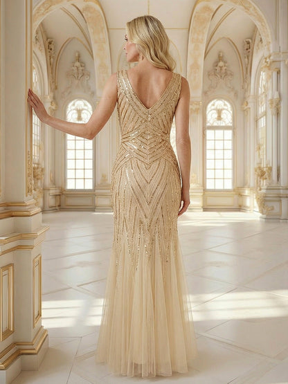 ever GLAMOUR|Deep V-Neck Sequin Sleeveless Evening Dress