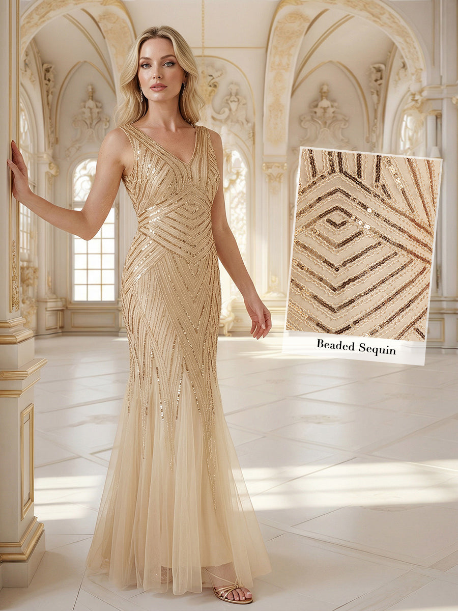 ever GLAMOUR|Deep V-Neck Sequin Sleeveless Evening Dress