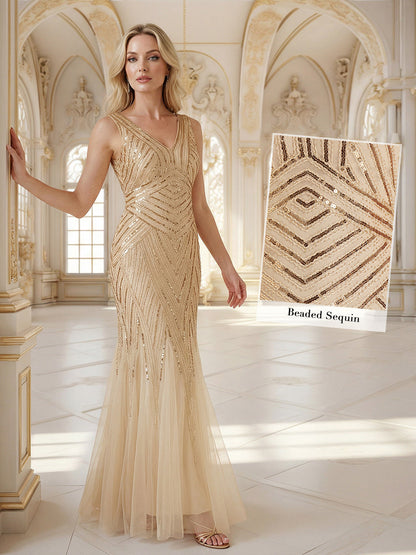 ever GLAMOUR|Deep V-Neck Sequin Sleeveless Evening Dress