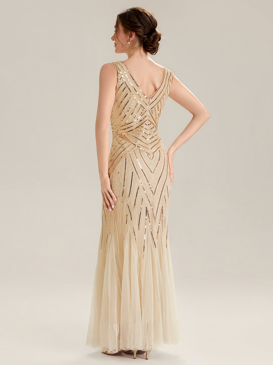ever GLAMOUR|Deep V-Neck Sequin Sleeveless Evening Dress