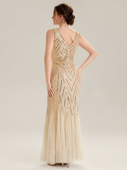 ever GLAMOUR|Deep V-Neck Sequin Sleeveless Evening Dress