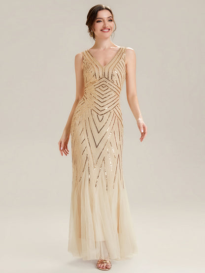ever GLAMOUR|Deep V-Neck Sequin Sleeveless Evening Dress
