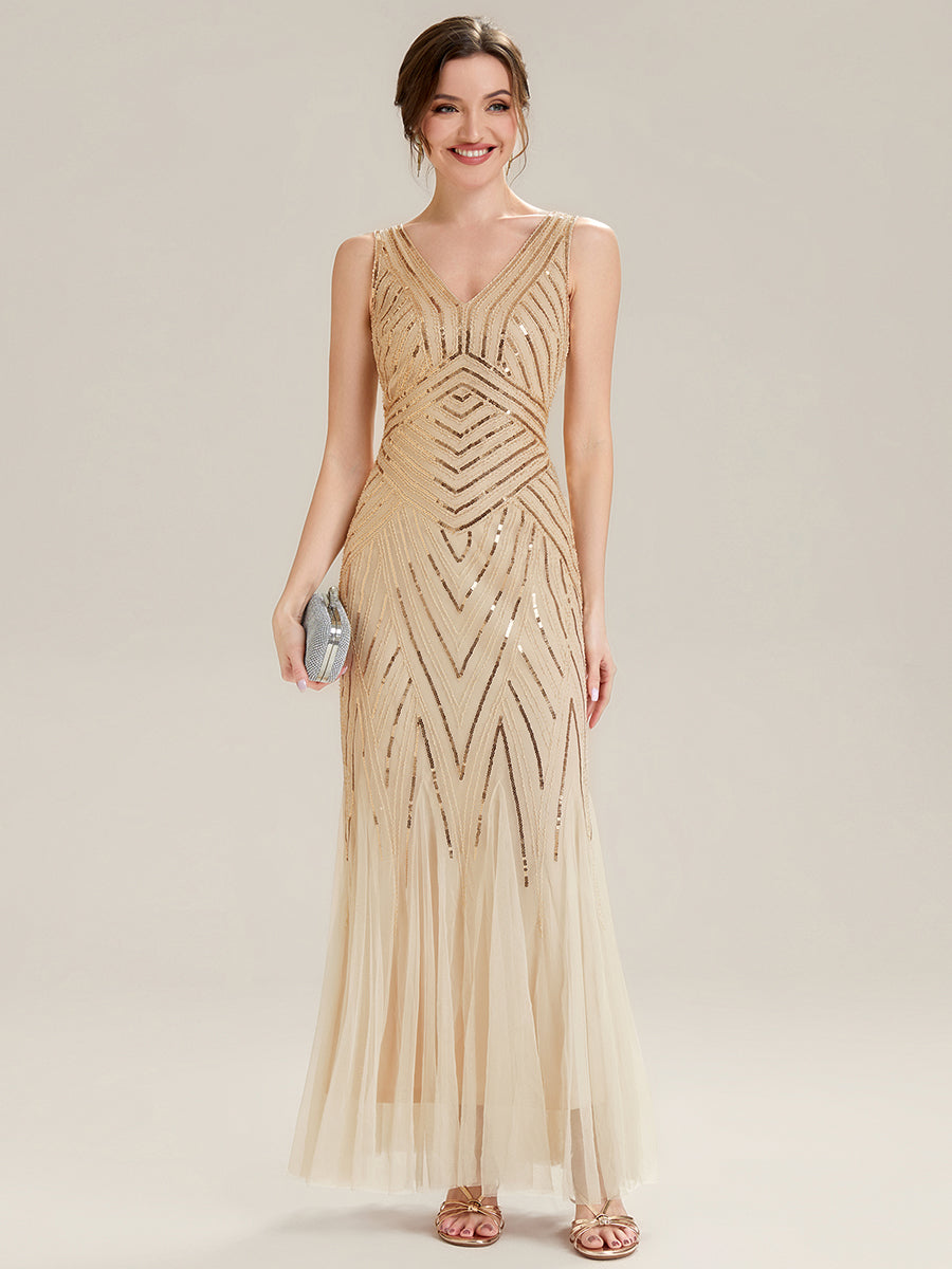 ever GLAMOUR|Deep V-Neck Sequin Sleeveless Evening Dress