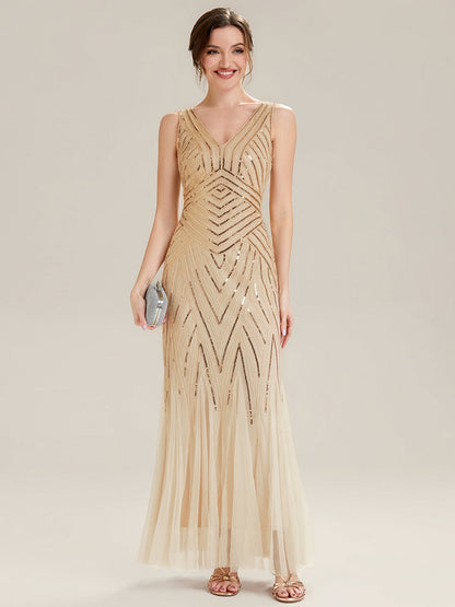 ever GLAMOUR|Deep V-Neck Sequin Sleeveless Evening Dress