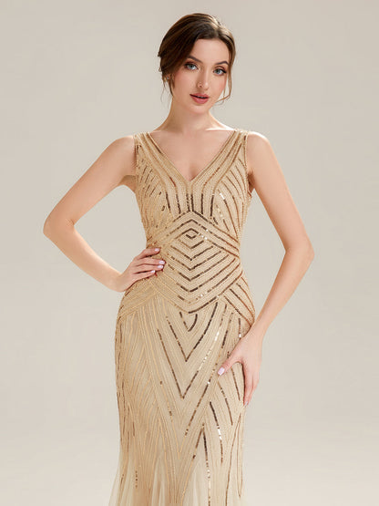 ever GLAMOUR|Deep V-Neck Sequin Sleeveless Evening Dress