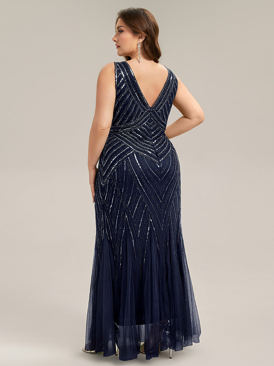 ever GLAMOUR|Deep V-Neck Sequin Sleeveless Evening Dress