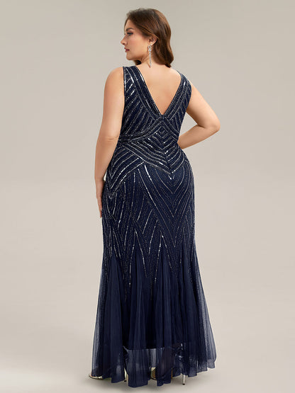 pretty GLAMOUR|Plus Size Deep V-Neck Bead Embroidery Evening Dress