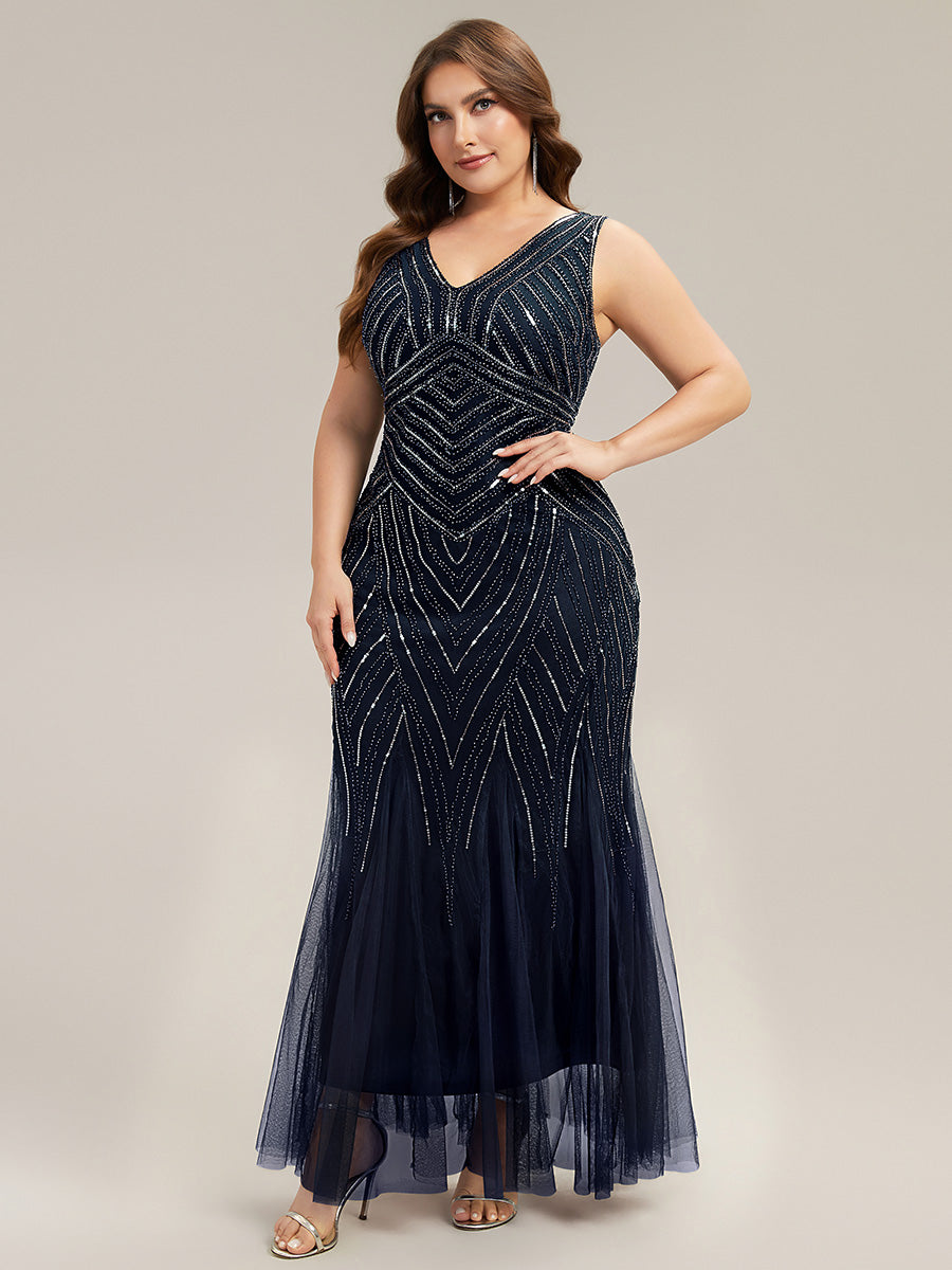 pretty GLAMOUR|Plus Size Deep V-Neck Bead Embroidery Evening Dress