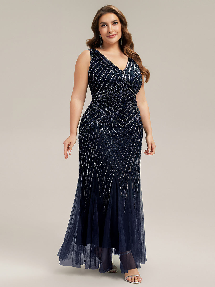 ever GLAMOUR|Deep V-Neck Sequin Sleeveless Evening Dress