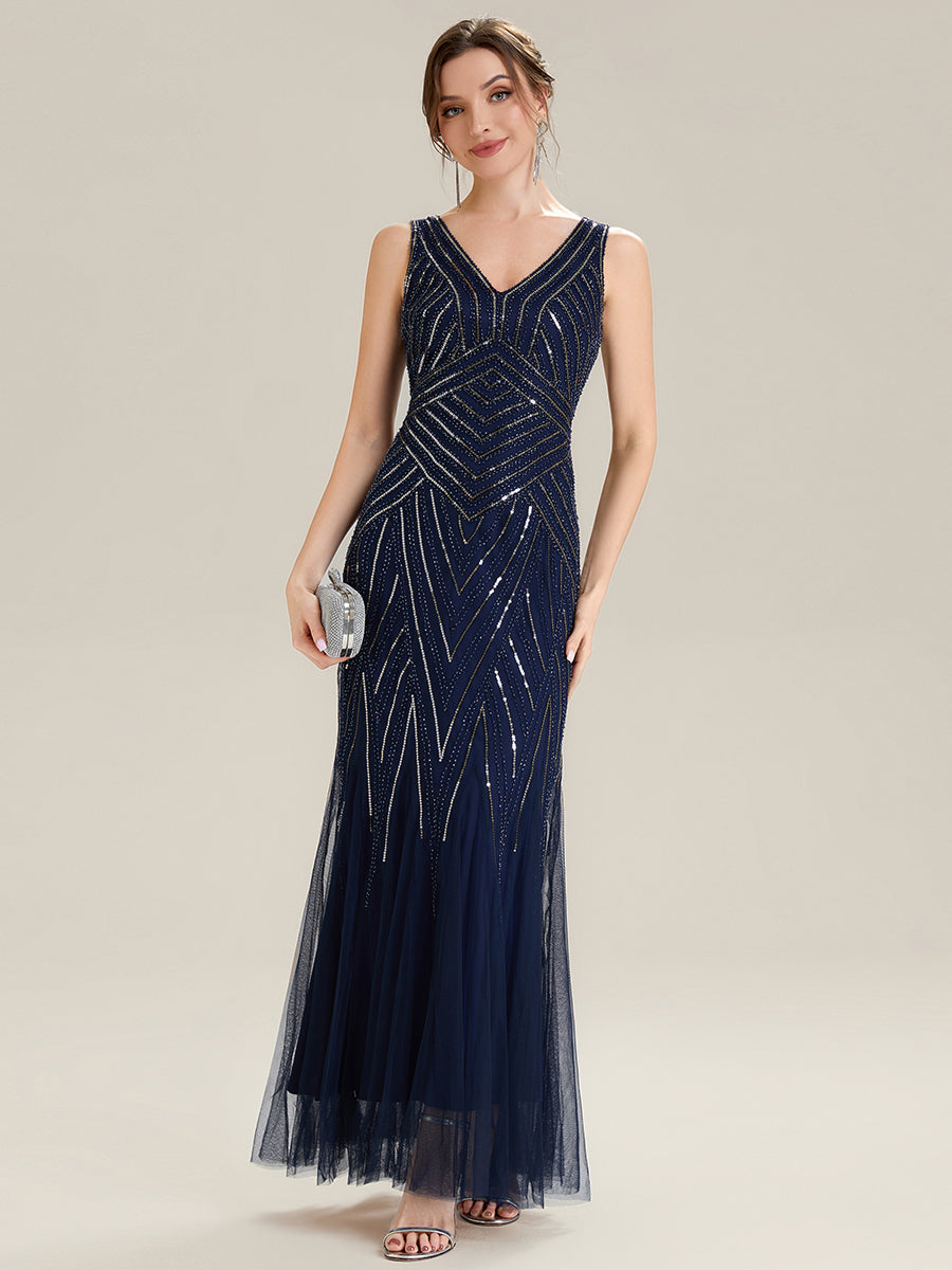 ever GLAMOUR|Deep V-Neck Sequin Sleeveless Evening Dress