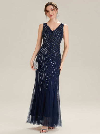 ever GLAMOUR|Deep V-Neck Sequin Sleeveless Evening Dress